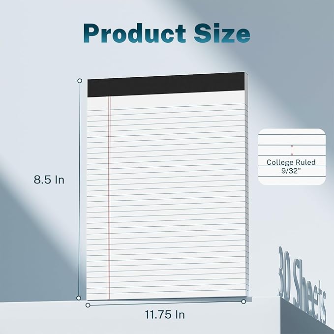 12 Pcs Legal Pads 8.5" x 11" College Ruled Note Pads 8.5 x 11.75 Inch Micro-Perforated Notepad 360 Sheets in Total Lined Writing Paper Notebook for Office, School Supplies & To-Do Lists 30 Sheets/Pad