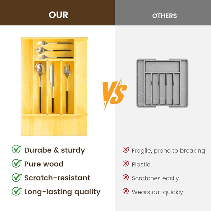 Evjocoh Silverware Drawer Organizer Wood with Adjustable Partition for Kitchen Utensil Cutlery Flatware Cabinet Storage Compartment Tray Insert with Dividers (13.2" W x 19.5" D x 2.5" H)