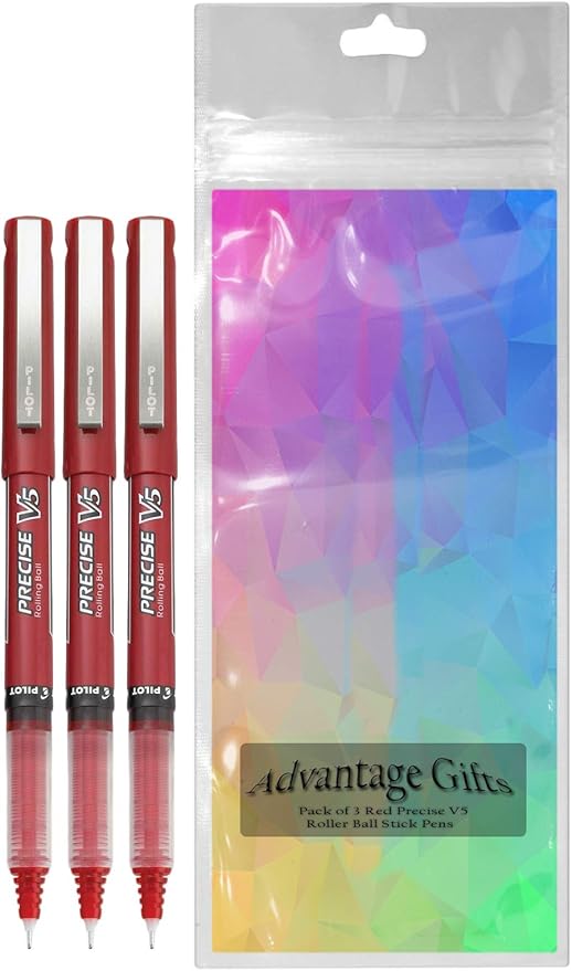 Precise V5 Stick Rolling Ball Pens, Extra Fine Point (.5mm), Red Ink, 3-pk; Bundle with Plastic Reusable Pouch