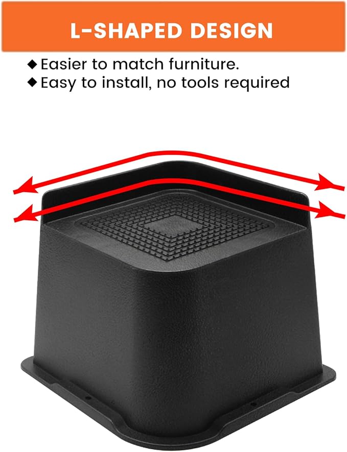 MXMZHXU Bed Risers 2 inch, 3 inch, 4 inch, 6 inch or 8 inch Heavy Duty Furniture Risers, Up to 6000 Lbs L Shaped Design Bed Lifts Blocks for Couch Desk Sofa Table (Black, 6 Inch 4 Pack)