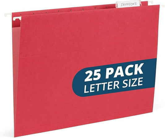 25 Blue Summit Supplies Red Hanging File Folders Letter Size – Durable 11pt Paper, Plastic Tabs and Inserts Included, Fits Standard Filing Cabinets and Desktop Organizers