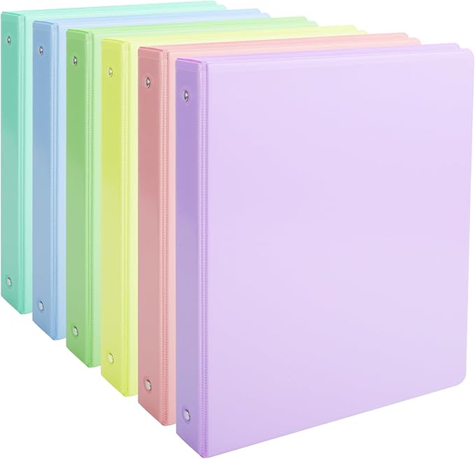 0.5 inch 3-Ring Binder, 1/2 inch Round Ring Binder with 2 Inside Pockets, Clear View Cover Binders Holds 8.5'' x 11''Paper，Pastel Color Binders for Office/Home/School Supply, 6 Pack