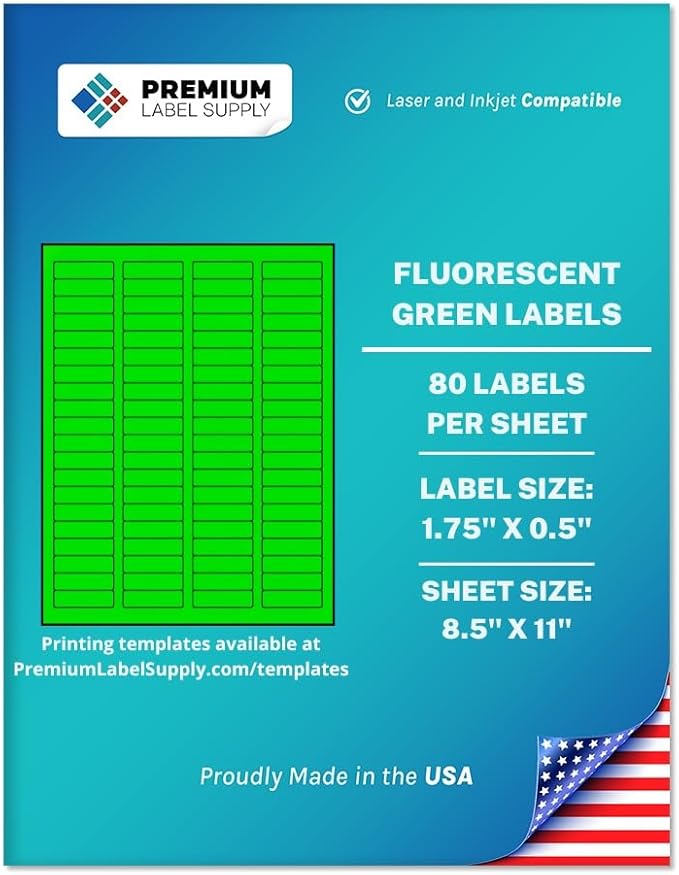 Premium Label Supply Bright Neon Color Fluorescent Sticker Labels - 1.75" x 0.5" Return Address Labels - (Fluorescent Green, 40,000 Labels)