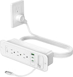 Recessed Power Strip with Retractable USB C Cable,2 PD 20W USB C,Flush Mount Countertop Drawer Outlet, Furniture Hidden Outlet for Side Table,End Table,3 Outlets (White, 6FT-20W USB)