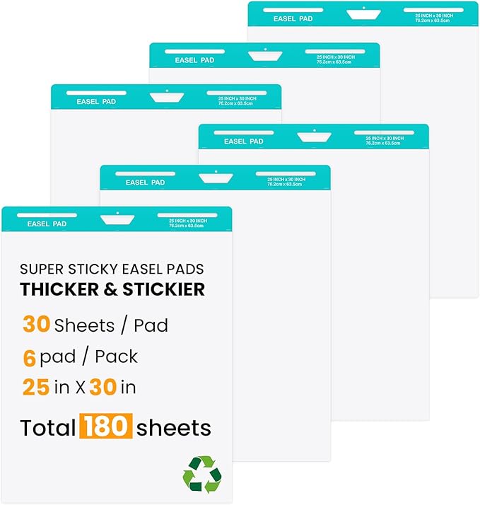 OLenyer Sticky Easel Pad, 25 x 30 Inch, White, 30 Sheets/Pad, 6 Pads/Pack, Flip Chart Paper for Teachers,Large Self-Stick Easel Paper, Super Sticking Power & Bleed-Resistant