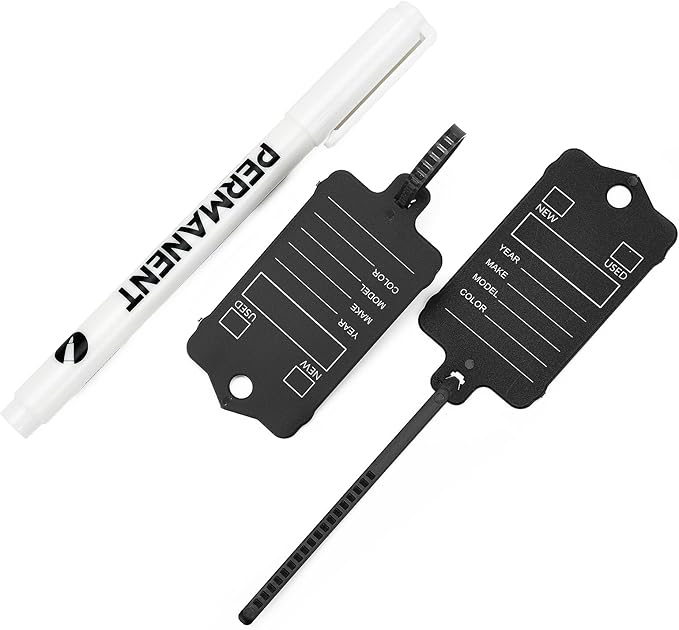 100 Car Key Tags with Labels Plastic Car Dealership Key Tags Self Locking Automotive Identifiers Blank Shop Labels with One Pen (Black)