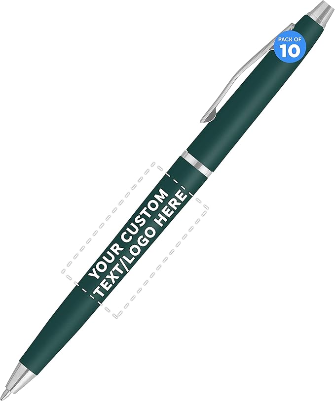 DISCOUNT PROMOS Custom Langham Ballpoint Pens Set of 10, Personalized Bulk Pack - Black Ink, Great for Office, School, Business, Tradeshows - Hunter Green