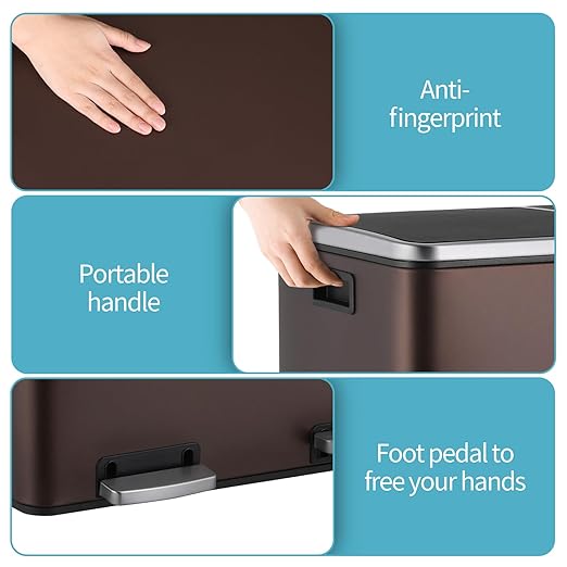 16 Gallon Rectangular Stainless Steel Trash Can, Dual Compartment Garbage Bin with Recycling Combo, Metal Dustbin Lid, Removable Liner, Indoor Hands Free Waste Bucket for Kitchen Home