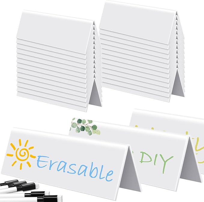 Fainne 20 Sets Dry Erase Name Tent Cards with Black Markers 8.7 x 2.8 x 1.9 Inches White Reusable Name Plate Wipe Clean Desk Tags Sign for Classroom Table Office Conference Meeting Weddings