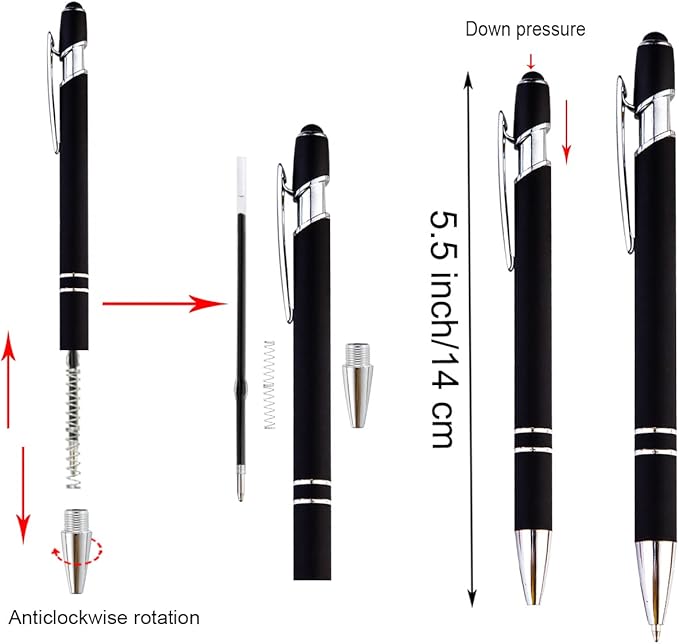 PASISIBICK 12 Pieces Black Ballpoint Pen with Stylus Tip, 2 in 1 Stylus Pen, Premium Metal Stylus Pen for Touch Screens, Black Ink, 1.0 mm Medium Point(12 Black)
