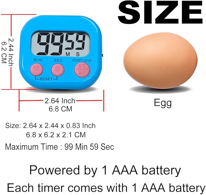 Digital Kitchen Timer, BESTWYA Electronic Timer with Clear LCD Screen Count Up and Down Function 3 Big Buttons On/Off Switch Button (2, Blue and White)