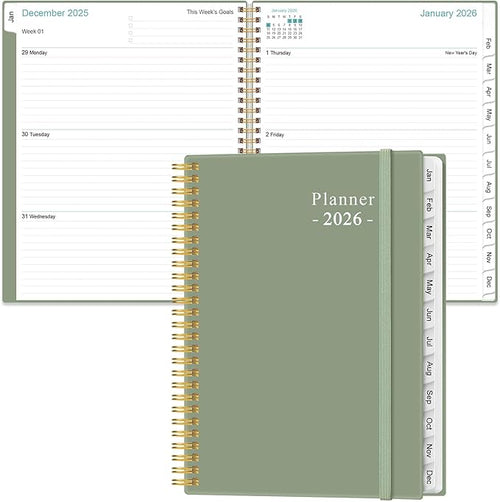 2026 Planner - Academic Planner 2026 from January 2026 to December 2026 with 12 Monthly Tabs, Flexible Cover, Inner Pocket, 8.5" x 11", Green
