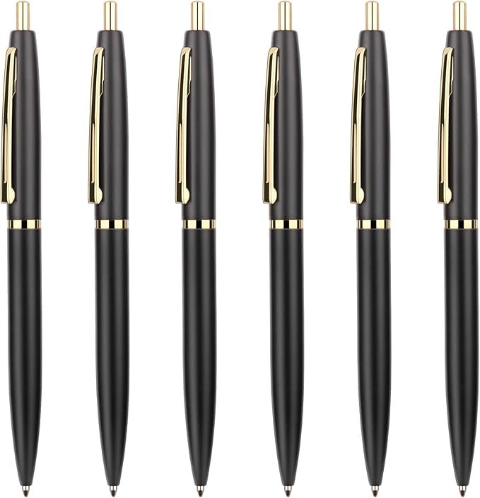 Unibene 6 Pack Black & Gold Click Ballpoint Pens -1.0mm Medium Point Black Ink with 6 Stainless Steel Refills for Business Office Students Teachers Wedding Christmas
