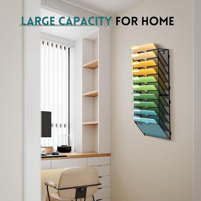 SUPEASY Wall File Organizer Mesh Office Mail Holder, Hanging Wall Organizer Magazine Rack for Office Black, 10 Tier