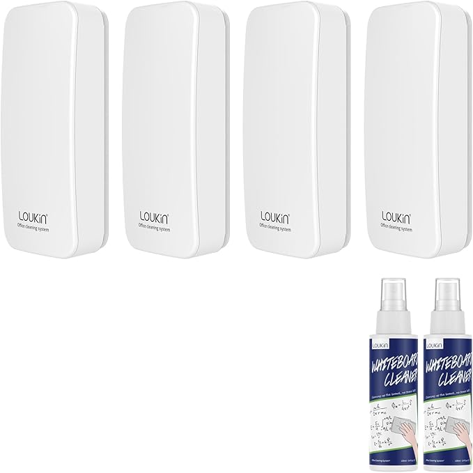 loukin 4 Pack Magnetic Dry Erase Eraser, Whiteboard Eraser, Glass Board Remover, 3.4 fl oz Whiteboard Cleaner * 2 Included, for Classroom, Home and Office Use (White)