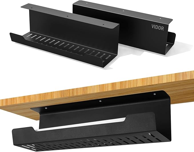 VIDOR Under Desk Cable Management Tray 2-Pack, 17" Cord Organizer, No Drill Alloy Steel, Perfect for Standing Desk and Office Home Wire Management