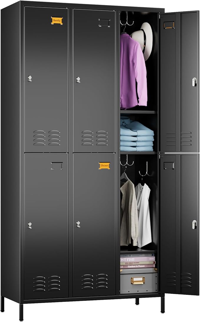 SUPEER 6 Doors Metal Locker for Employees with 18 Hooks and Business Card Holder,Metal Locker with Ventilation Holes for School Garage Office Gym Home,Assembly Required,Black