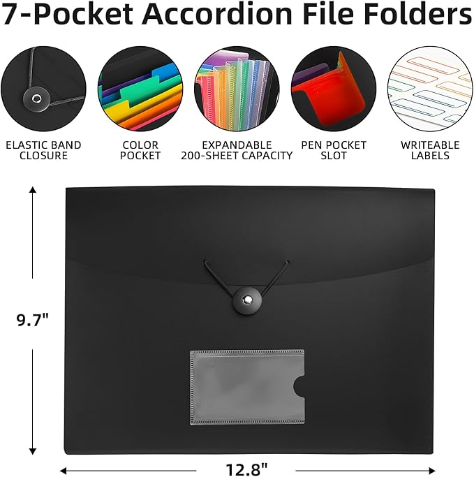 5 Pack 7 Pocket Accordian File Organizer, Expanding File Folder with Labels, Plastic Expandable File Folder for Documents Letter Size A4 Papers, Ideal for Home, Office Supplies, College Essentials