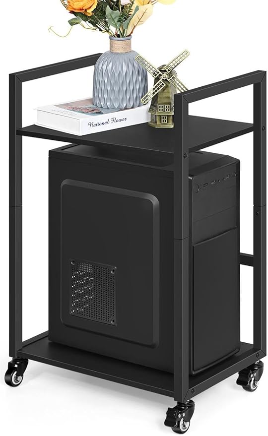 SEHERTIWY 2 Tier Computer Tower Stand, Black CPU Holder Cart with Rolling Caster Wheels, Mobile PC Tower Stand for Office Home Studio