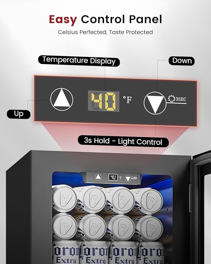 24 Cans Beverage Refrigerator Cooler - Mini Fridge with Glass Door, Soda Wine Beer Drink Fridge - Small Refrigerator for Office Home Bedroom Dorm Bar, Black