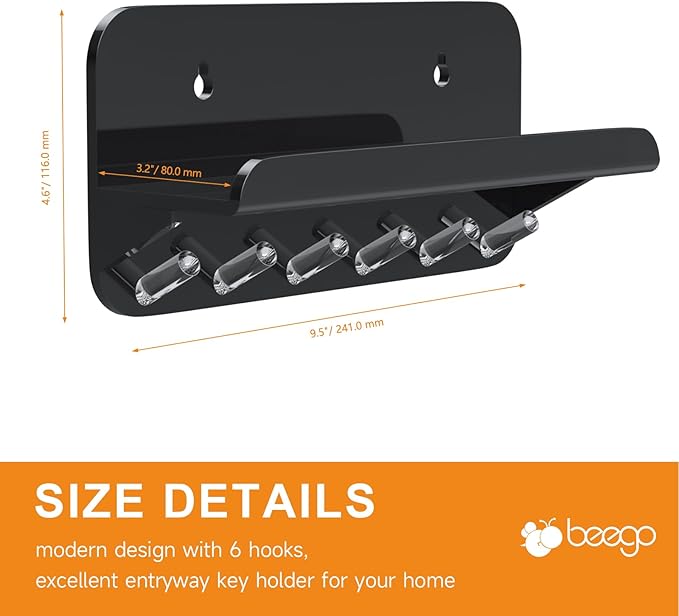 Beego Entryway Key Holder for Wall - Black Acrylic Key Rack with Shelf Decorative Key Hanger Wall Mount Mail Organizer with 6 Key Hooks for Office Hallway Kitchen Living Room Home Décor