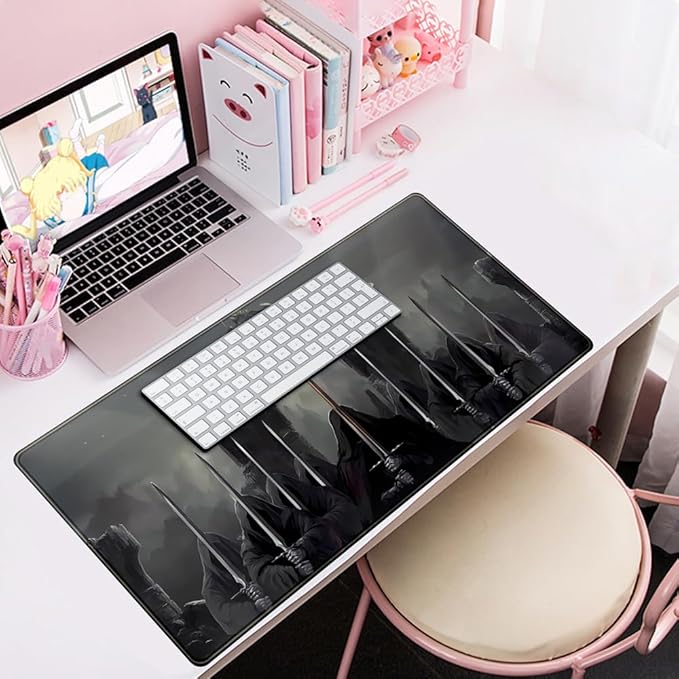 Knight Dark Grey Desk Pad Mat Anime Playmat Mouse Pad Gaming Large Mousepad for Desk Computer Pc Laptop Pad for Men, Equipped with Waterproof Storage Bag Non-Slip (31.5x15.7 in)