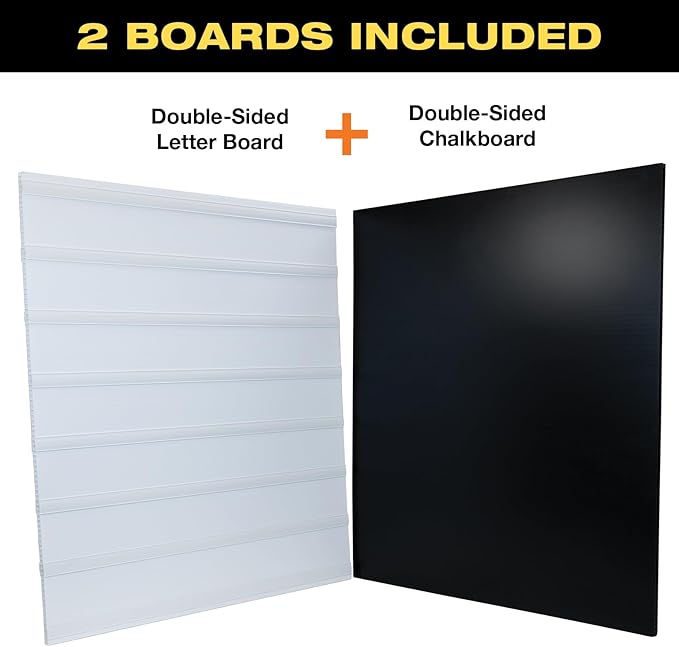 Excello Global Products Swinging Changable Message Sidewalk Sign: 37" x 36" Sign with 792 Pre-Cut Double Sided Letters and Storage Box. Includes Black Sign Board & 4 Liquid Chalkboard & Letter Board