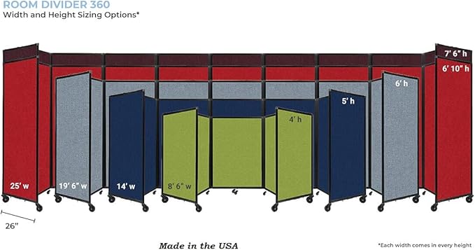 Versare Room Divider 360 Portable Wall Partition | Folding Panels | Large Freestanding Divider | Locking Wheels | Temporary Room Separator | 14' x 7'6'', Charcoal Gray
