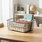 HDYOUDO Metal Black Wire Basket,Food Storage Basket Organizer with Wooden Handles for Organizing,pantry and organizers Kitchen Cabinets Shelf potato onion, 4 Packs-Black
