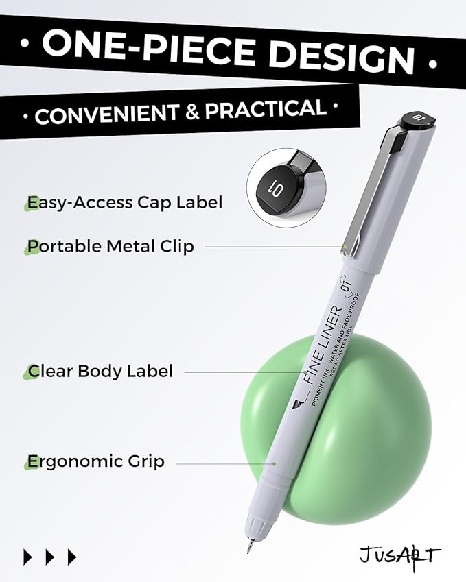 JusArt Fineliner Pens, Ultra Fine, Fine, Brush & Chisel, 12 Size, Waterproof Black Pigment Pen for Artists, Crafters, Illustration, Sketching, Writing, Journaling, Bible Note, Technical Drawing pens