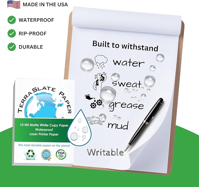 TerraSlate Printable Waterproof Paper for Laser Printer, 10 MIL 8.5" x 14", 100 Sheets, Matte White Printer Paper I Rip-Resistant, Weather/Rain Proof Copy Paper