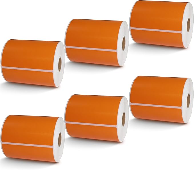 BETCKEY - 4" x 6.5" Large Shipping Labels & Multipurpose Compatible with Zebra & Rollo Label Printer,Premium Adhesive & Perforated[Orange, 6 Rolls, 1500 Labels]