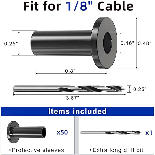 50 Pack Cable Railing Protector Sleeves for 1/8” Deck Railing System, Black Cable Railing Kit Hardware for Wood Post, T316 Stainless Steel Marine Grade DB58