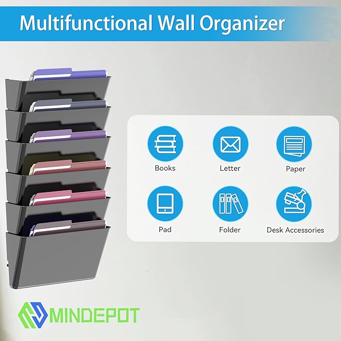 MINDEPOT 6 Pockets Acrylic Wall File Organizer, Clear Wall File Holder, Plastic Hanging Wall File Holder for Office, School and Home, Black