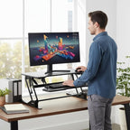 Mount-It! 38" Standing Desk Converter, Desktop Sit-Stand Desk Riser with Gas Spring Height Adjustment, Compact Desk Topper for Dual Monitors or Laptop, Keyboard Tray, Black