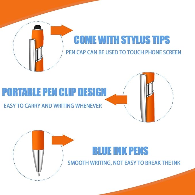 8 Pcs Blue Ink Ballpoint Pen with Stylus Tip 2 in 1 Stylus Ballpoint Pen Metal Pens Stylus Pen for Touch Screens School Office Coworkers (Orange)