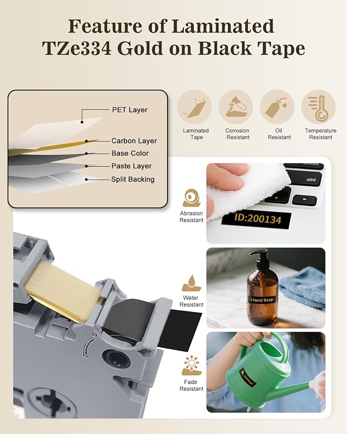 3-Pack 12mm Tz Tape Gold on Black Compatible with Brother P Touch Label Tape Tze-334 Tz Tape 12mm 0.47" Laminated Black, Work for Brother P Touch Label PT-D210 PT-H110 PT-D600 PT-D400 PT-1180