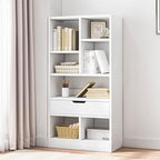IOTXY Wooden Open Shelf Bookcase - 51 Inches Height Freestanding Display Storage Cabinet Organizer with 7 Cubes and a Drawer, Floor Standing Bookshelf in Warm White