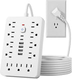 JouleLoom 15 FT Flat Plug Surge Protector Power Strip,11 Multiple AC Outlets with 6 USB Ports (2 USB C), 15 Feet Extension Cord, 1250W/10A, One Touch Switch Button, White