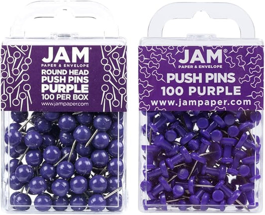 JAM PAPER Colorful Push Pins - Flat & Round Head Thumb Tack Combo Set - Purple Pushpins - 200/Pack