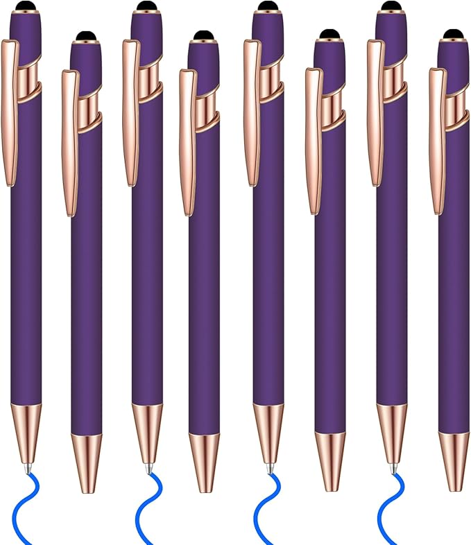 8 Pcs Blue Ink Ballpoint Pen with Stylus Tip 2 in 1 Stylus Ballpoint Pen Metal Pens Stylus Pen for Touch Screens School Office Coworkers (Purple Rose Gold)