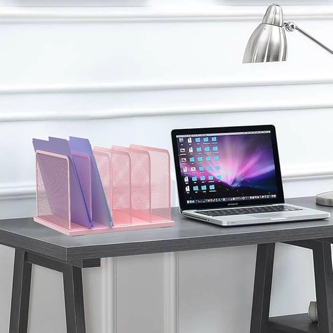 Kuntine.B Desk File Organizer Upright Mesh Desktop Organizer File Sorter Office Organization File Holder for Home, Office & Classroom (Pink, 1 Pack 5-Section)