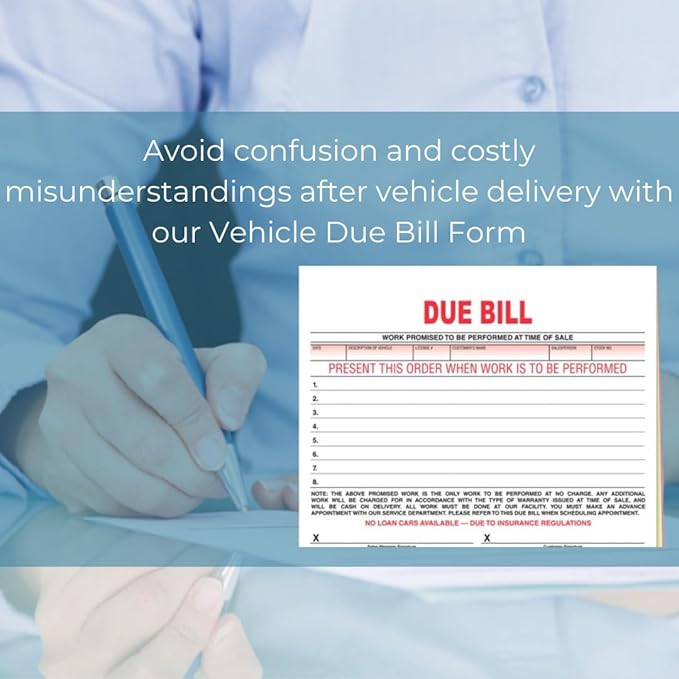 Vehicle Due Bill Form - 3-Part Carbonless Snap-Out 8.5 x 7.75 Car Dealership Service Agreement Forms, Auto Repair Vehicle Documentation Forms NCR - White, Canary, Pink - Pack of 400