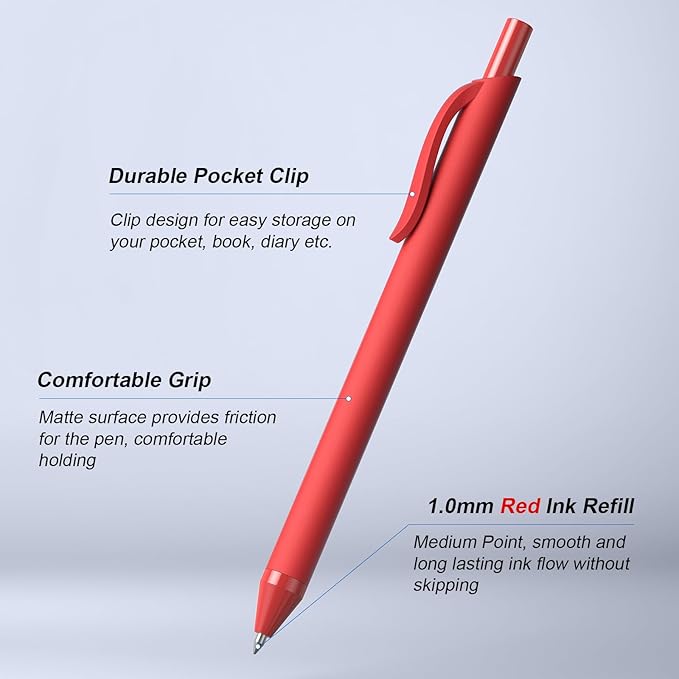 50 Pack Red Ink Pens - Bulk Pens, 1.0MM Medium Point Ballpoint Pens, Smooth Writing No Bleed Retractable Ball Point Pen (Red)