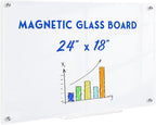 Magnetic Glass Whiteboard, 24" x 18" Dry Erase Board for Wall, Frameless White Board with 1 Marker Tray and 3 Magnets for Office, Home, Classroom -Ultra White