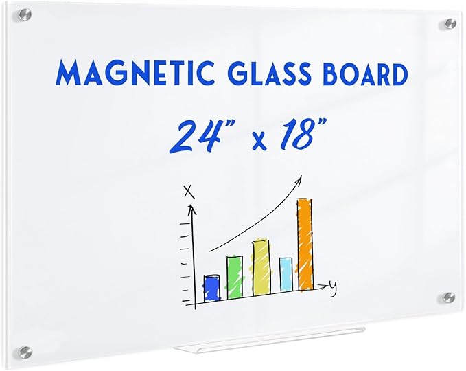 Magnetic Glass Whiteboard, 24" x 18" Dry Erase Board for Wall, Frameless White Board with 1 Marker Tray and 3 Magnets for Office, Home, Classroom -Ultra White