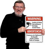 SmartSign 18 x 12 inch “Warning - Audio & Video Surveillance On Duty At All Times” Bilingual Sign, Digitally Printed, 55 mil HDPE Plastic, Red, Black and White, Made in USA