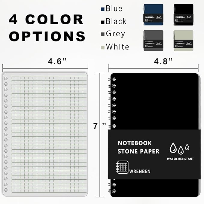 2PCS Waterproof Spiral Notebooks with Stone Paper and PVC Cover, Graph Pattern 100 Pages, 4.8"x7" Medium Size All-Weather Notepad for Outdoor Camping (4.8"x7", Black)
