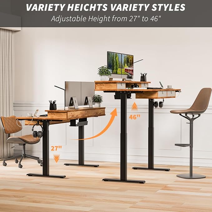 Kingant 48 x 30 Inch Electric Standing Desk with 4 Drawers, Adjustable Height Computer Desk for Home Office, Large Workstation Sit Stand Up Desk with Built-in USB A/C Ports, Light Rustic Brown