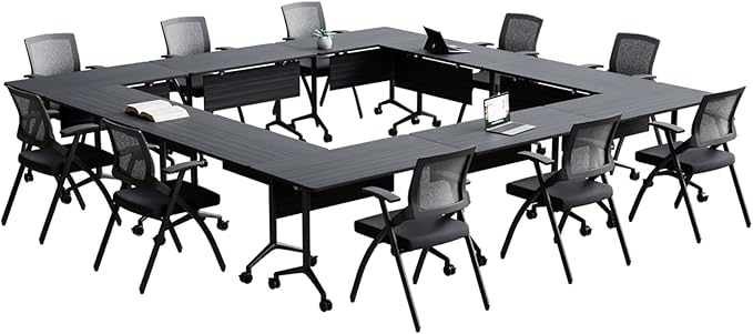 Goakwwuz Conference Room Table, Folding Conference Tables,Thicken Grey Tabletop,Flip Top Wooden Seminar Meeting Room Table for Conference Room Offices (4, BlackWoodGrain, 70.8”)